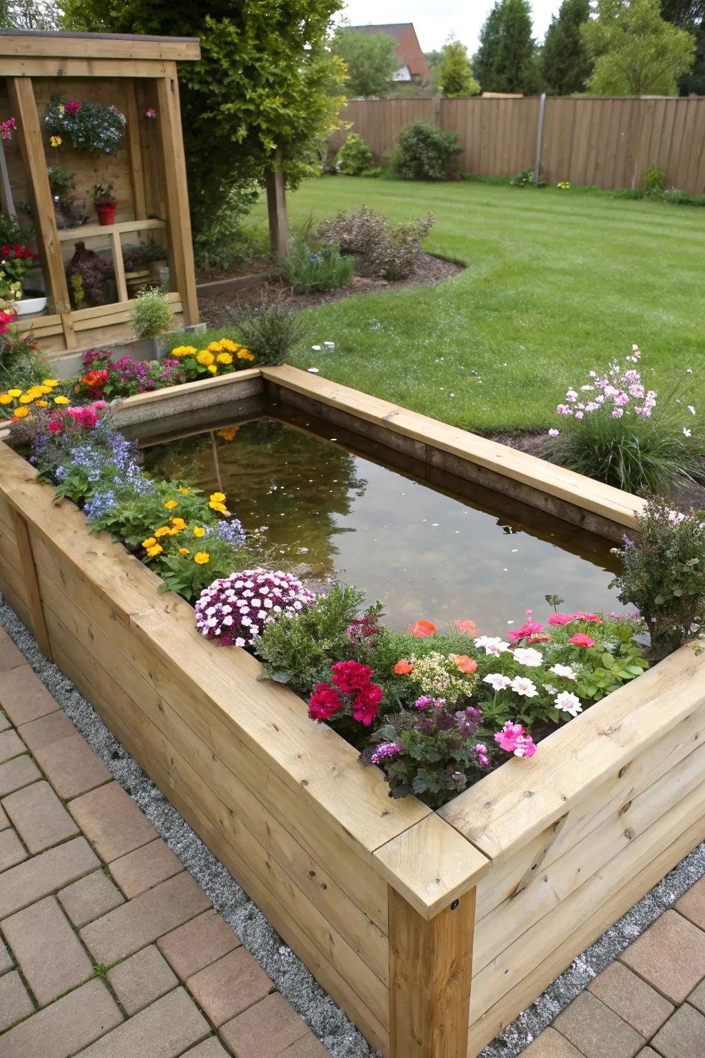 Wooden frames provide a rustic look to raised garden ponds.