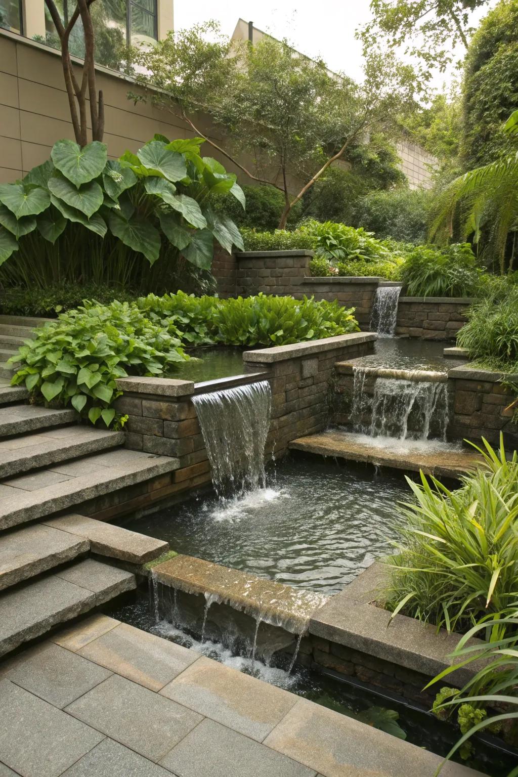A terraced waterfall adds a touch of magic to this garden pond.