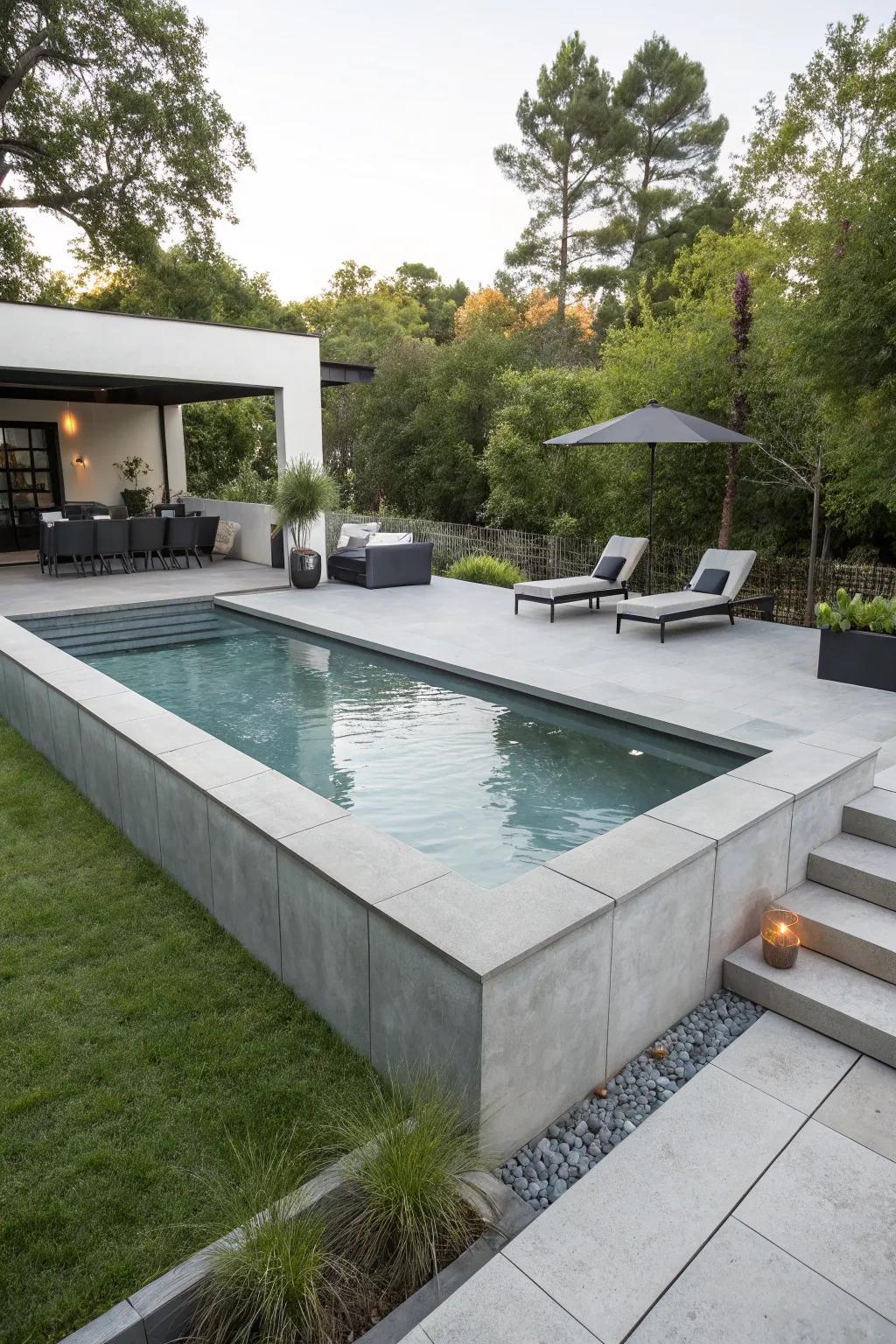 A modern raised pool with sleek concrete design, perfect for contemporary outdoor spaces.