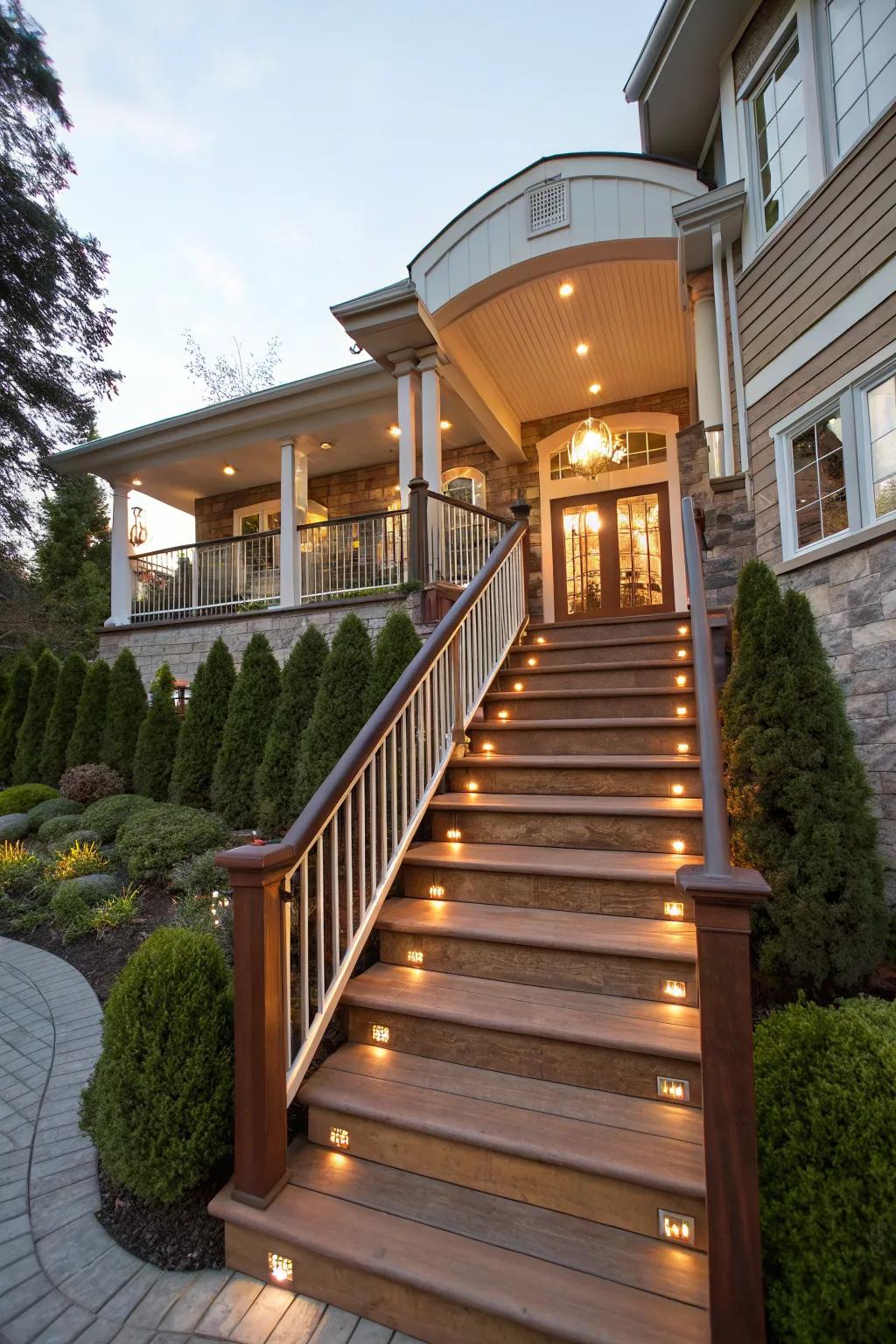 A stylish raised ranch staircase with open railings and wooden treads.