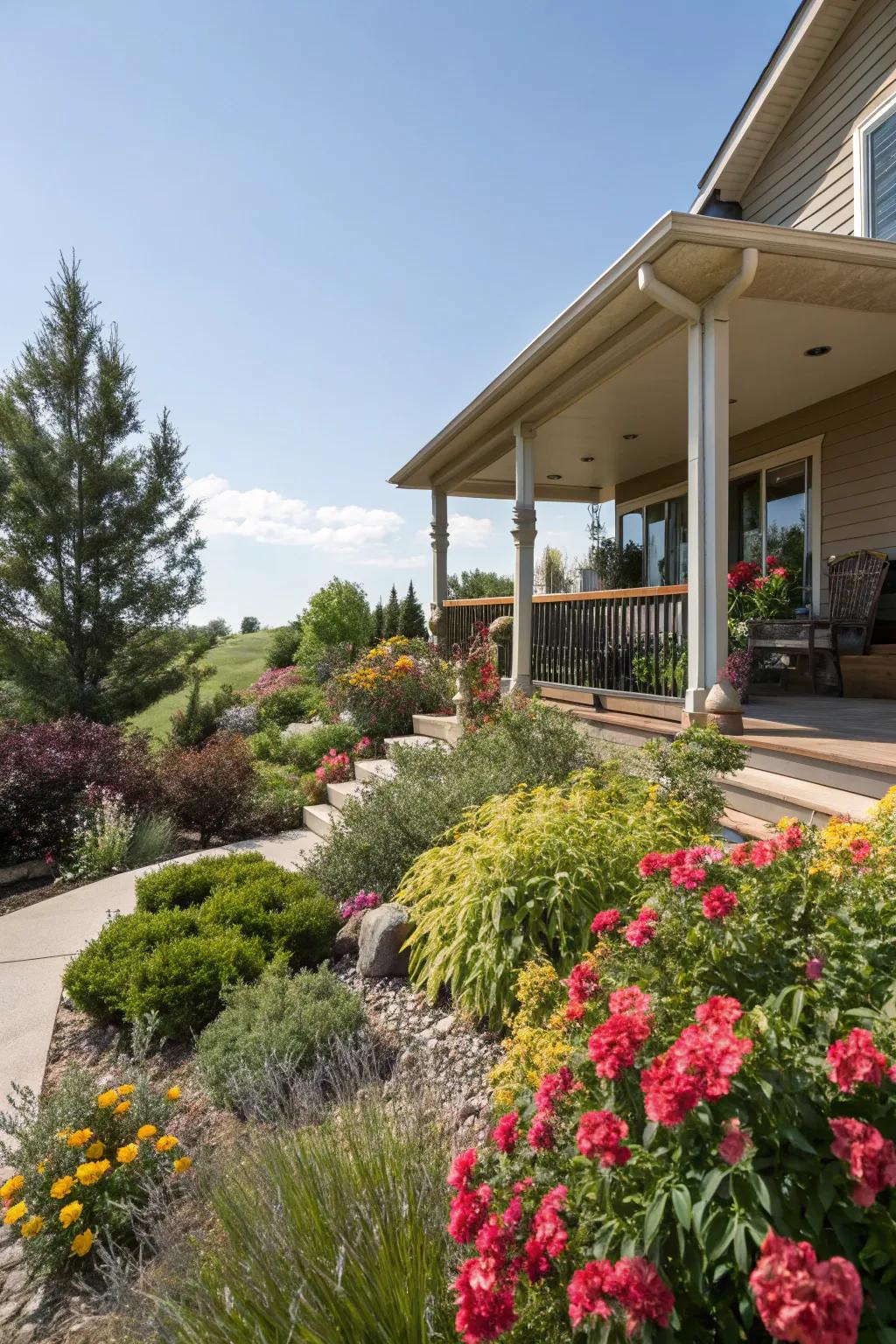 Lush greenery seamlessly connects the porch to the garden.