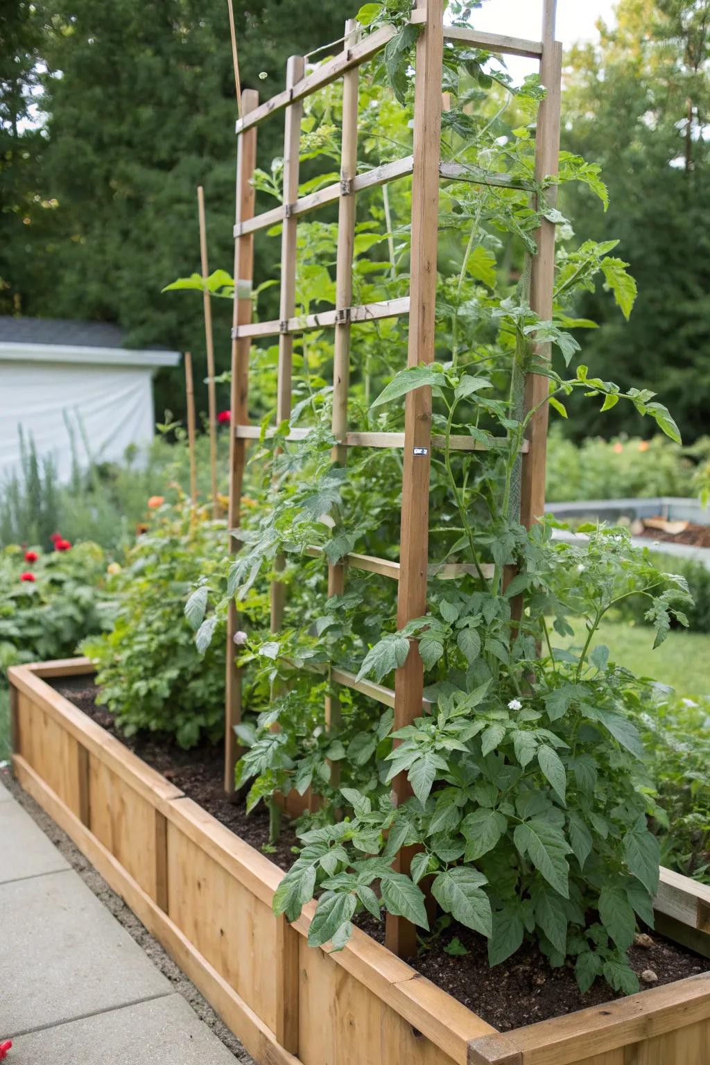 Maximize space with vertical trellises for your tomato plants.