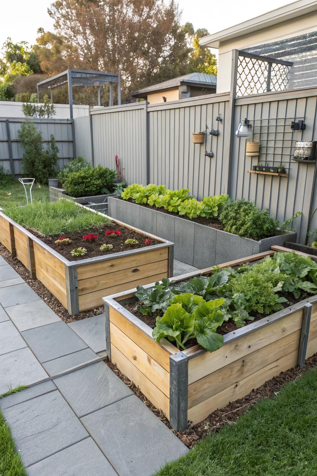 Raised garden beds combining wood and metal materials for a modern look.