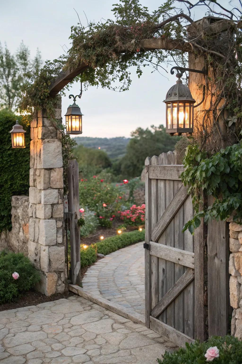 A rustic wooden gate adorned with lanterns, welcoming you to a serene ranch entrance.