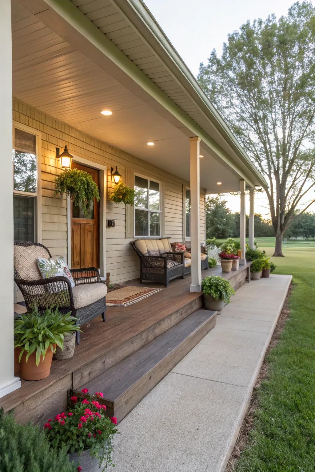 A cozy front porch on a ranch home, perfect for relaxing.