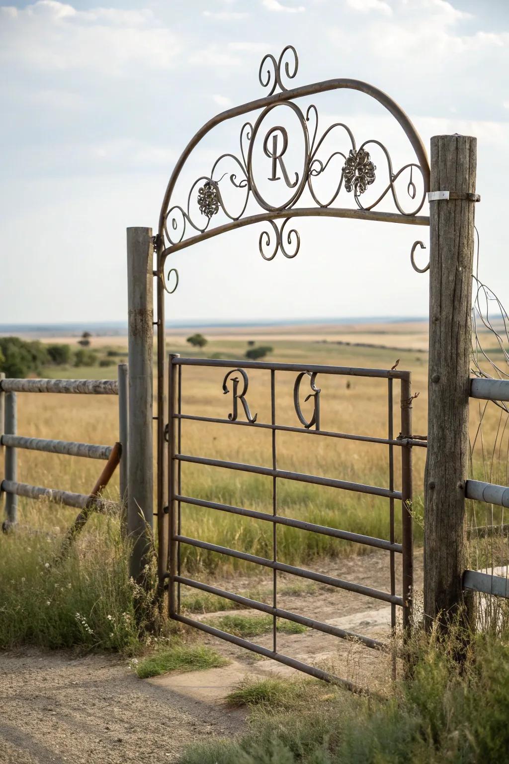 A personalized ranch gate with family initials.