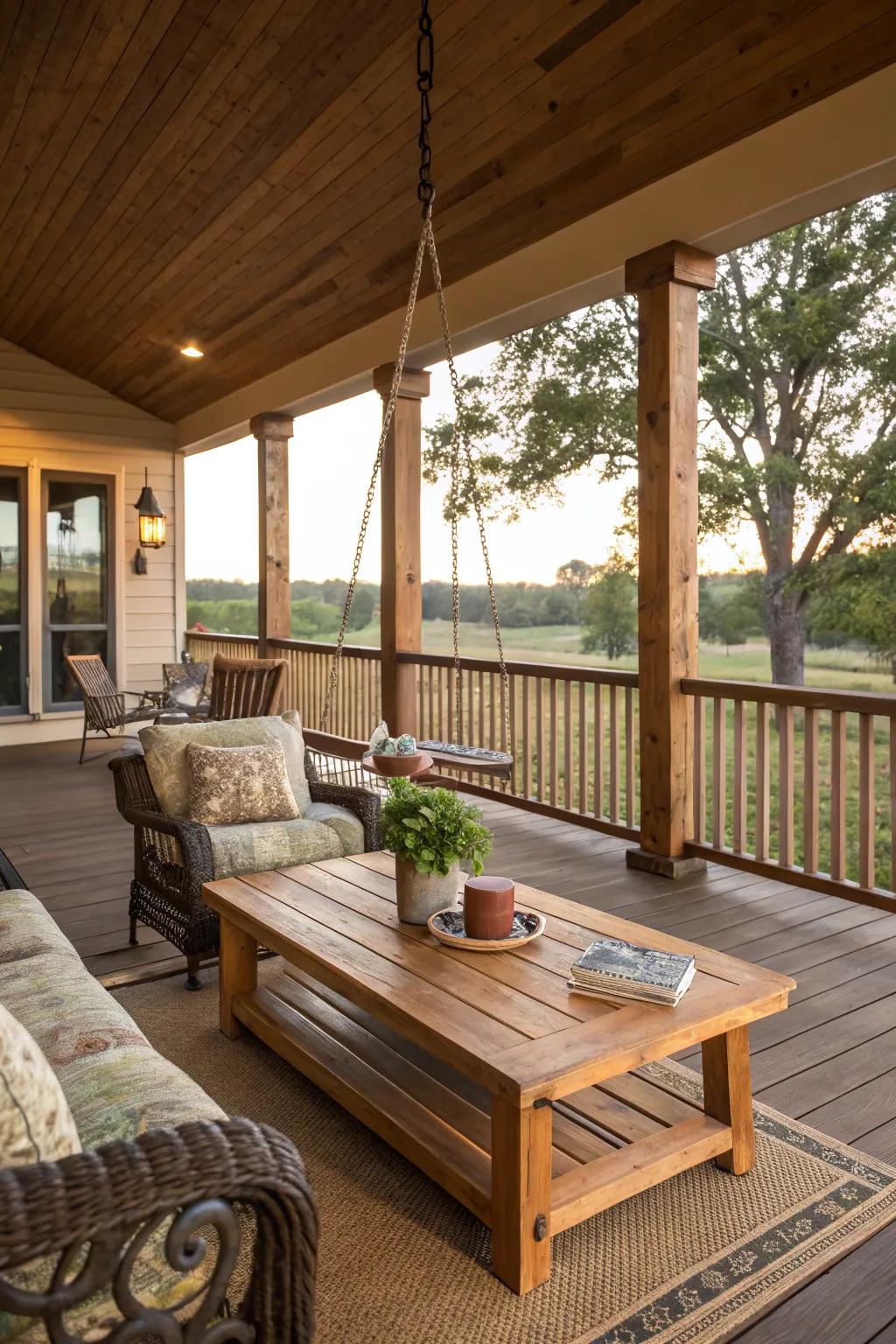 Rustic wood accents add warmth to this ranch house porch.
