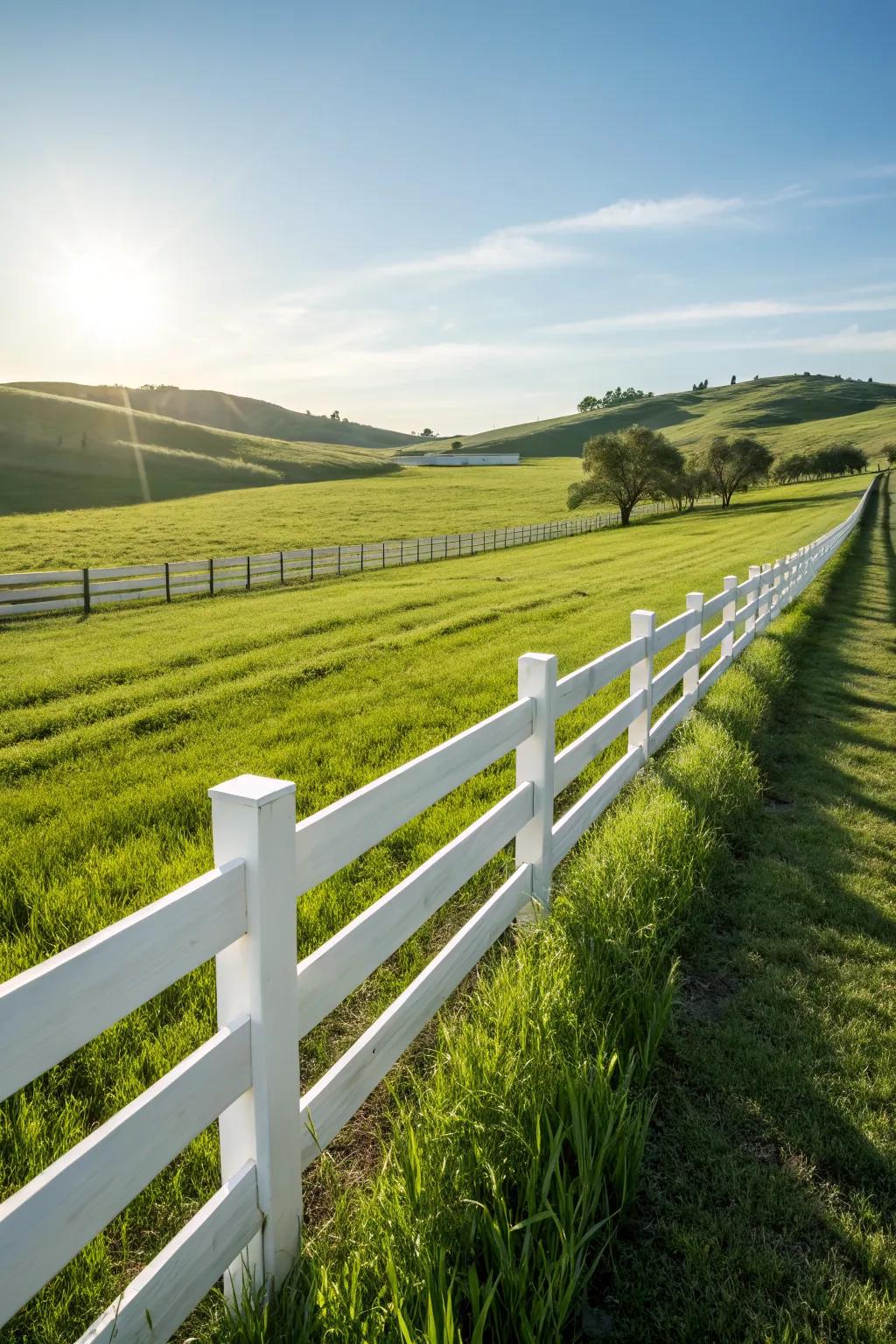 A low-maintenance white vinyl fence shines in the sunlight.