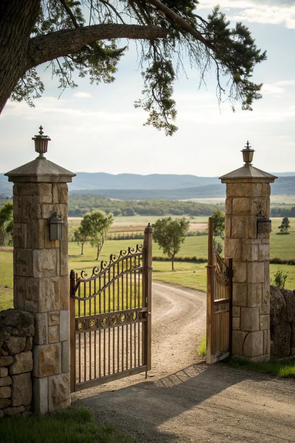 Stone pillars bring an element of grandeur to any ranch-style gate.
