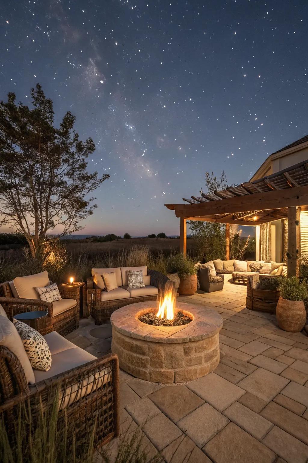 A central fire pit adds warmth and a focal point to this patio.