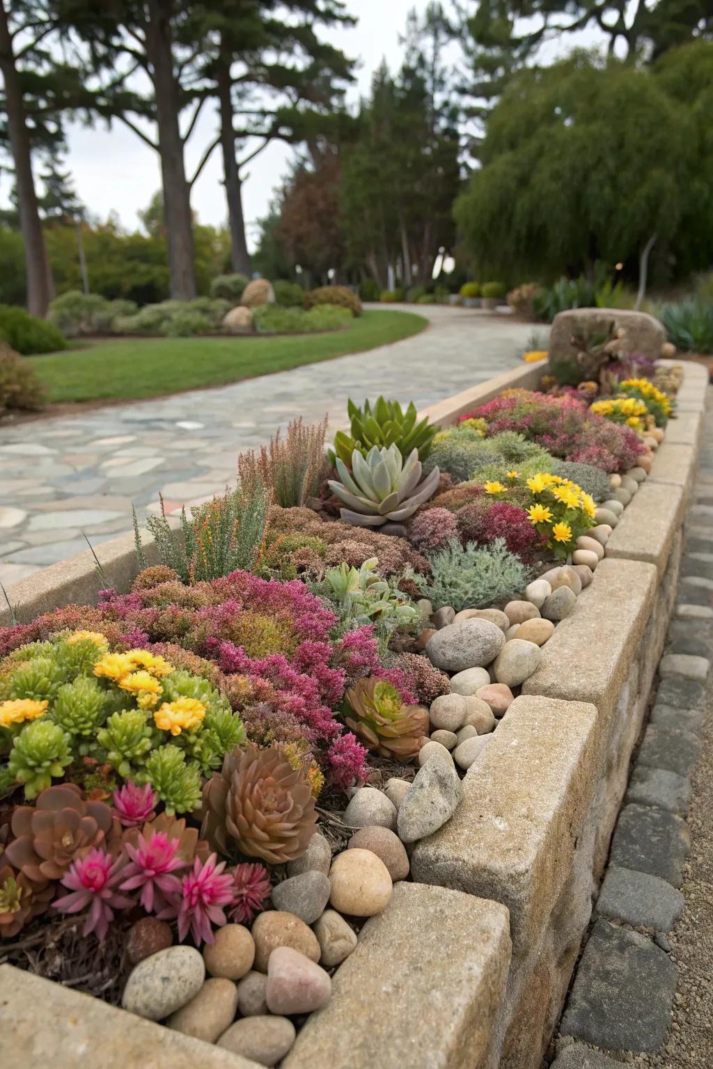 A stone-edged flower bed showcasing a mix of succulents and perennials.