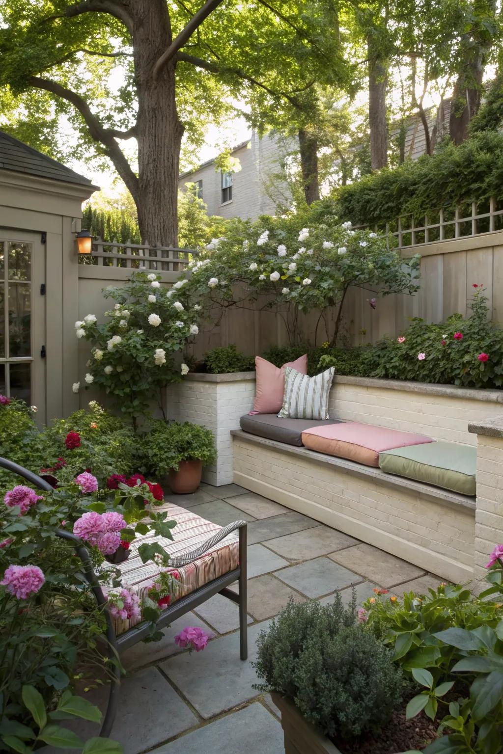 A cozy corner in a rectangular garden for relaxation
