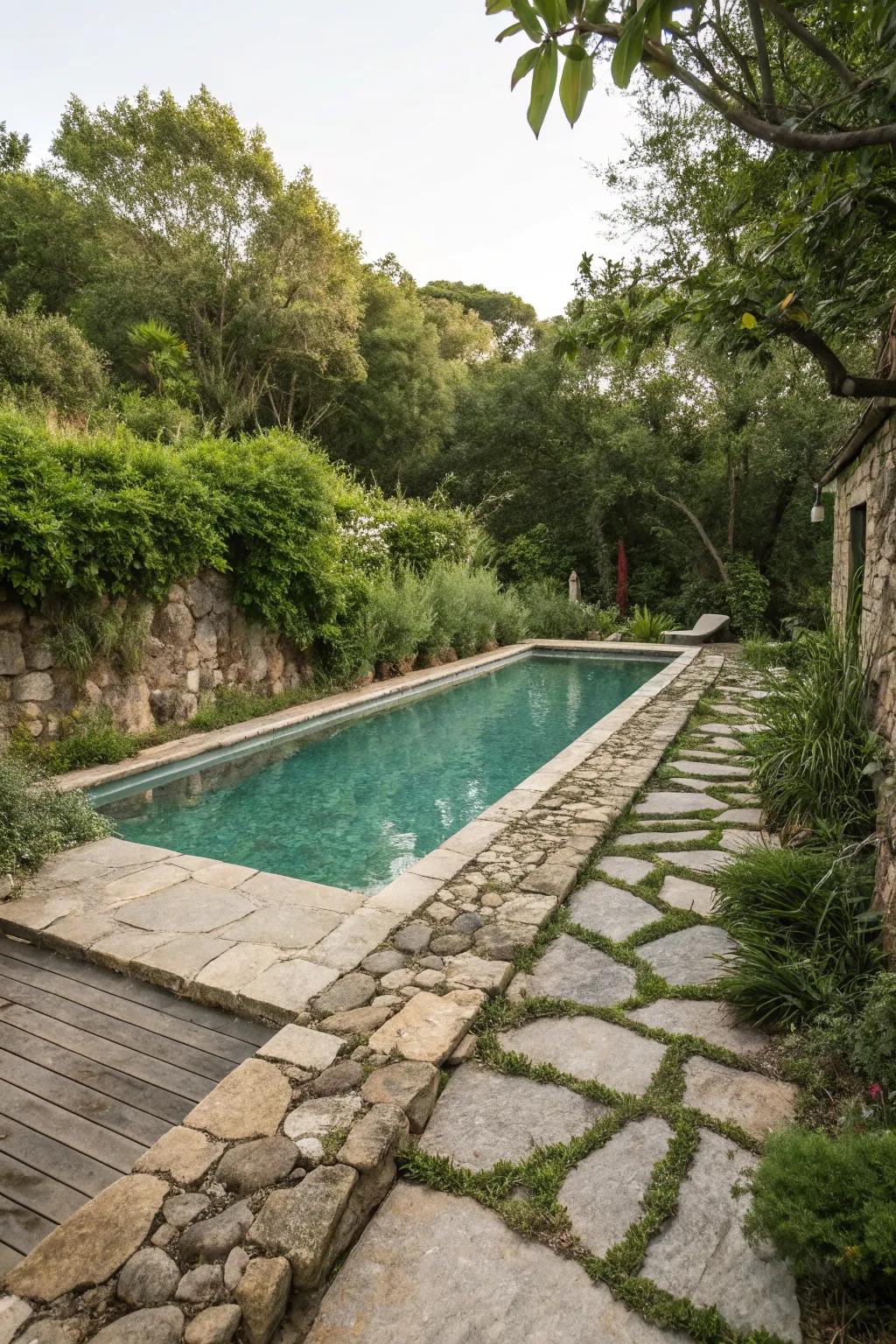 A rectangular pool nestled in a natural setting with stone and greenery