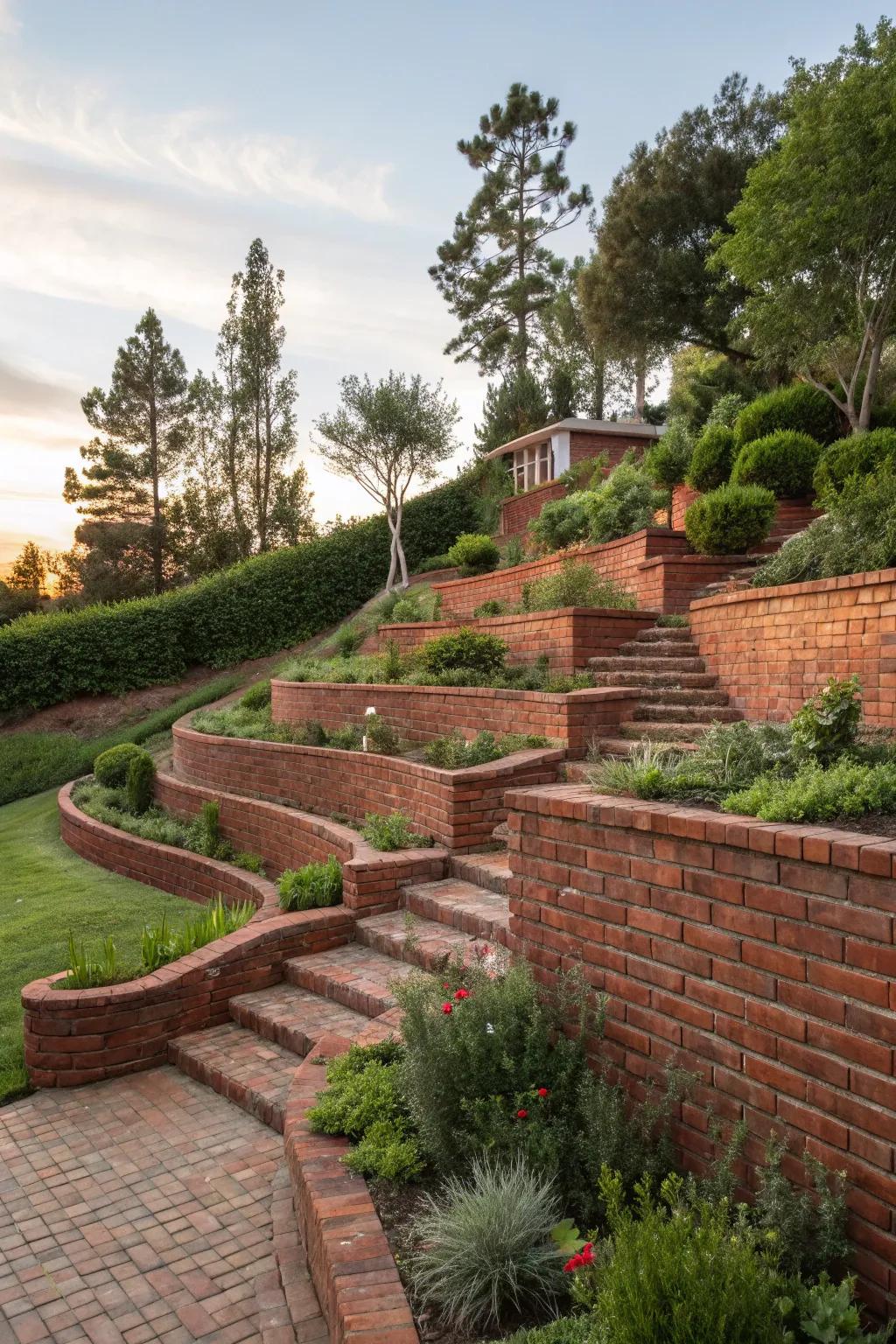 Beautiful terraced garden with red brick retaining walls.