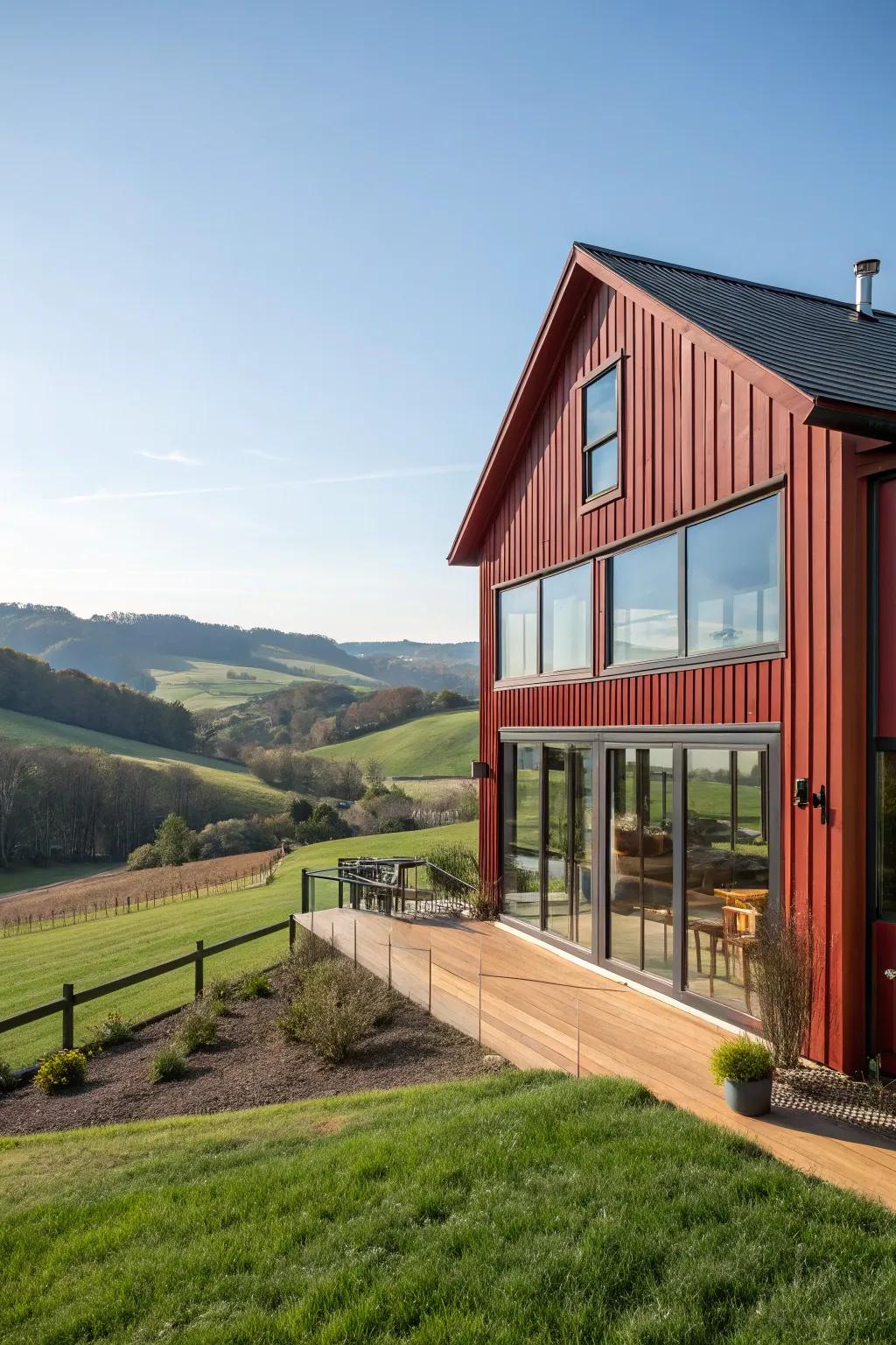Modern farmhouse charm with a bold red exterior.