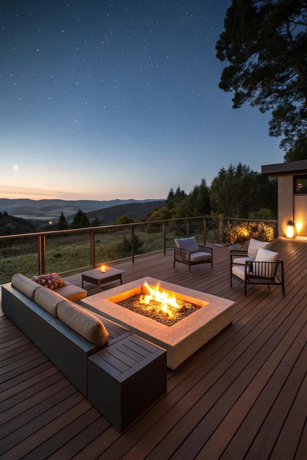 A fire pit on your redwood deck for cozy evenings.