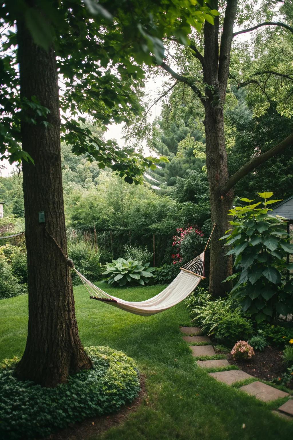 Find tranquility in your own backyard with a cozy hammock setup.