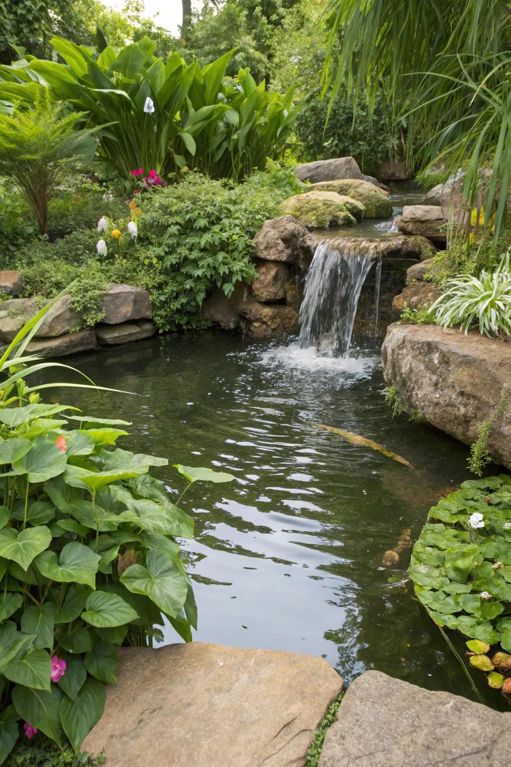 A small pond with a waterfall creates a peaceful atmosphere.