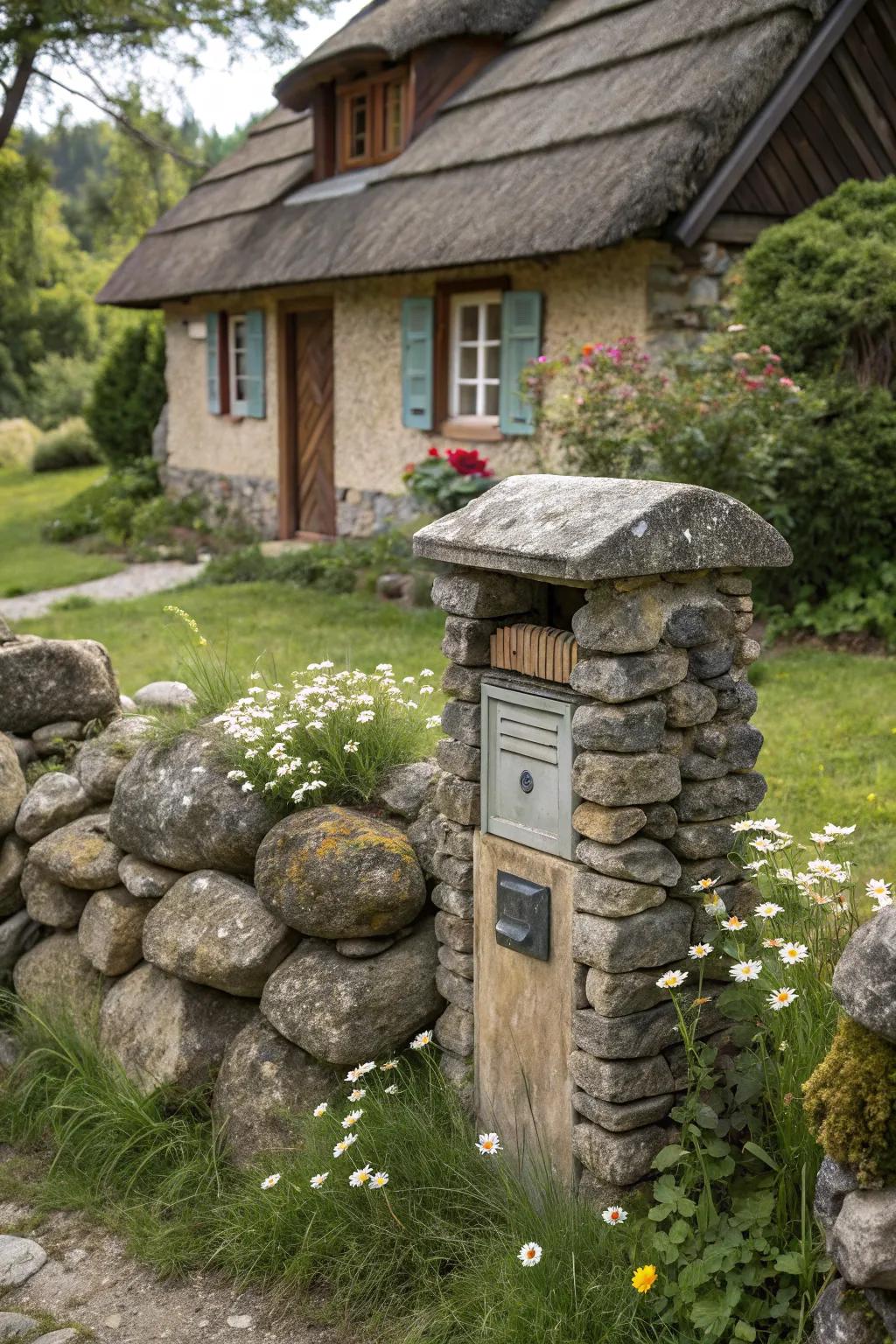 A rustic stone mailbox adds charm to a quaint cottage entrance.
