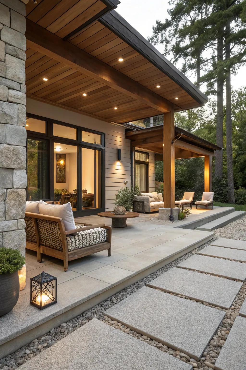 A modern patio blending resin, stone, and wood for a stunning effect.