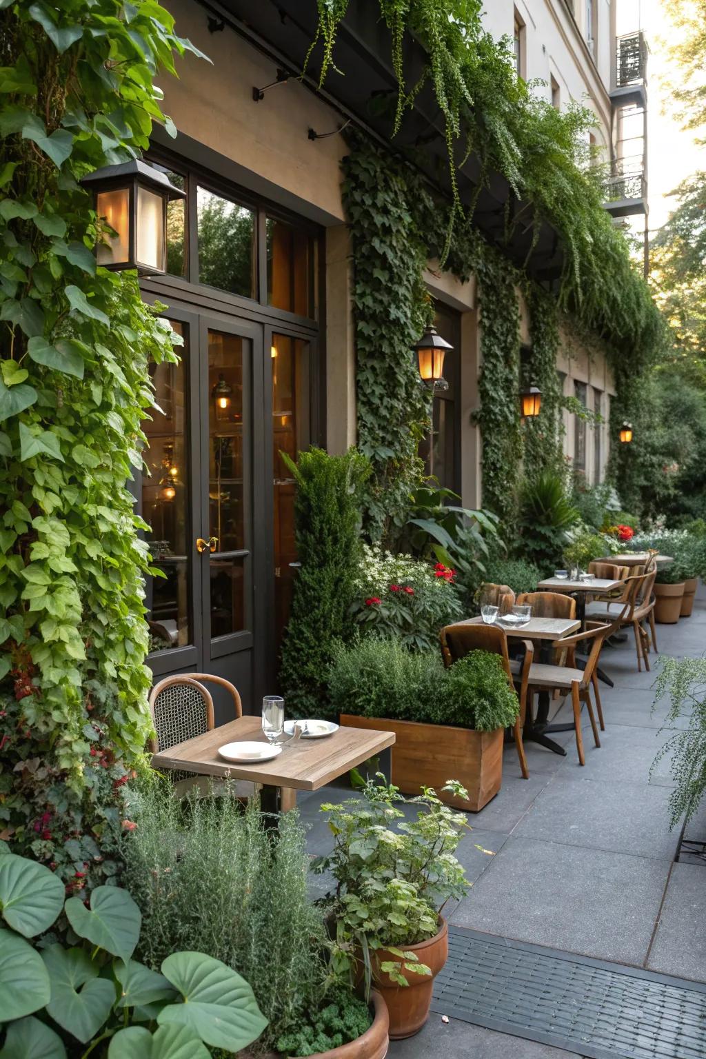 Greenery adds a fresh, natural vibe to any outdoor dining space.