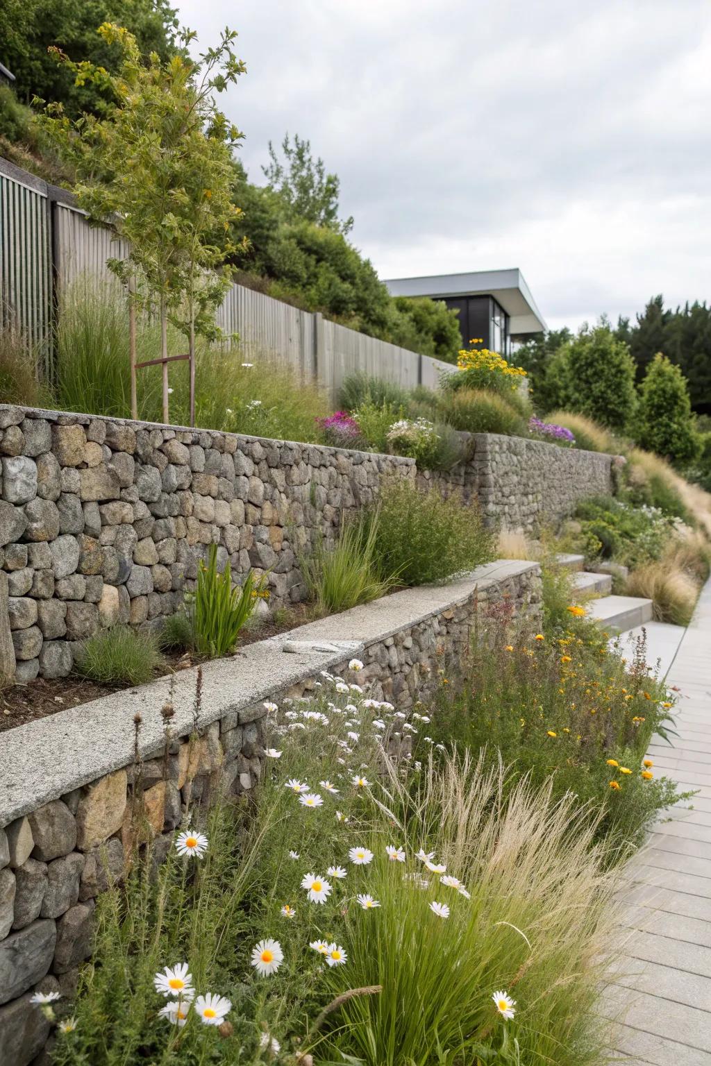 Achieve a strong yet stylish look with stone and gabion walls.