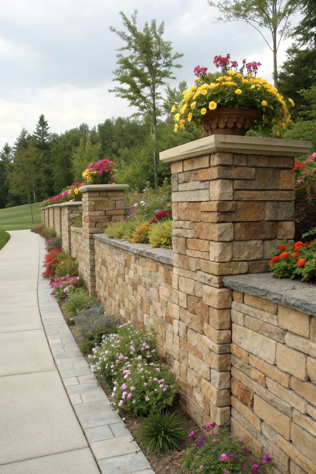 A stone and brick retaining wall, elegantly adorned with vibrant flowers.