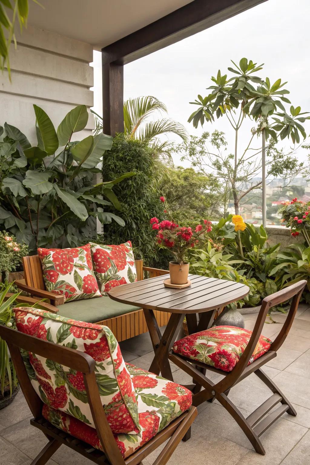 Retro seating with bold floral cushions for a vibrant look.
