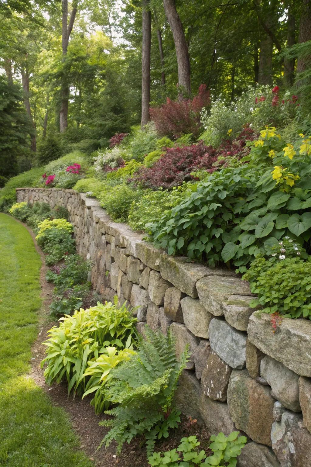 A robust and eye-catching retaining wall using riprap stones, enhancing garden structure.