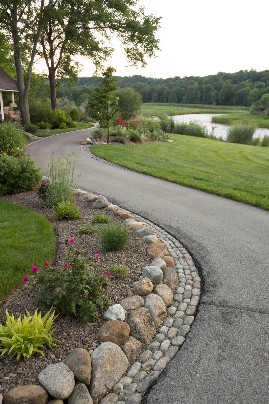 Curved river rock borders that elegantly frame a driveway.