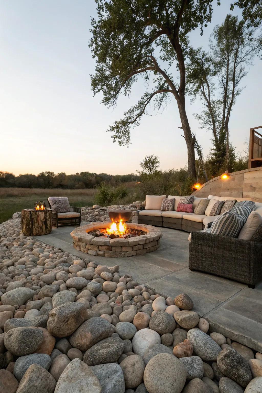 River rocks around a fire pit create a warm, inviting atmosphere.