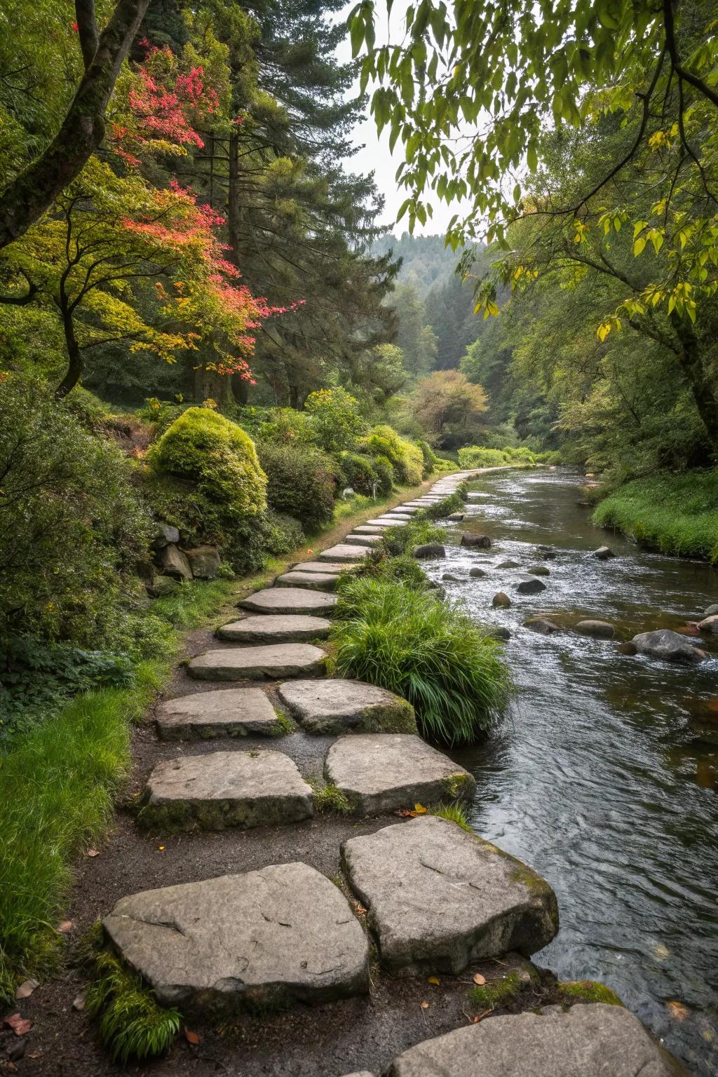 Stepping stones nestled within a river rock path.