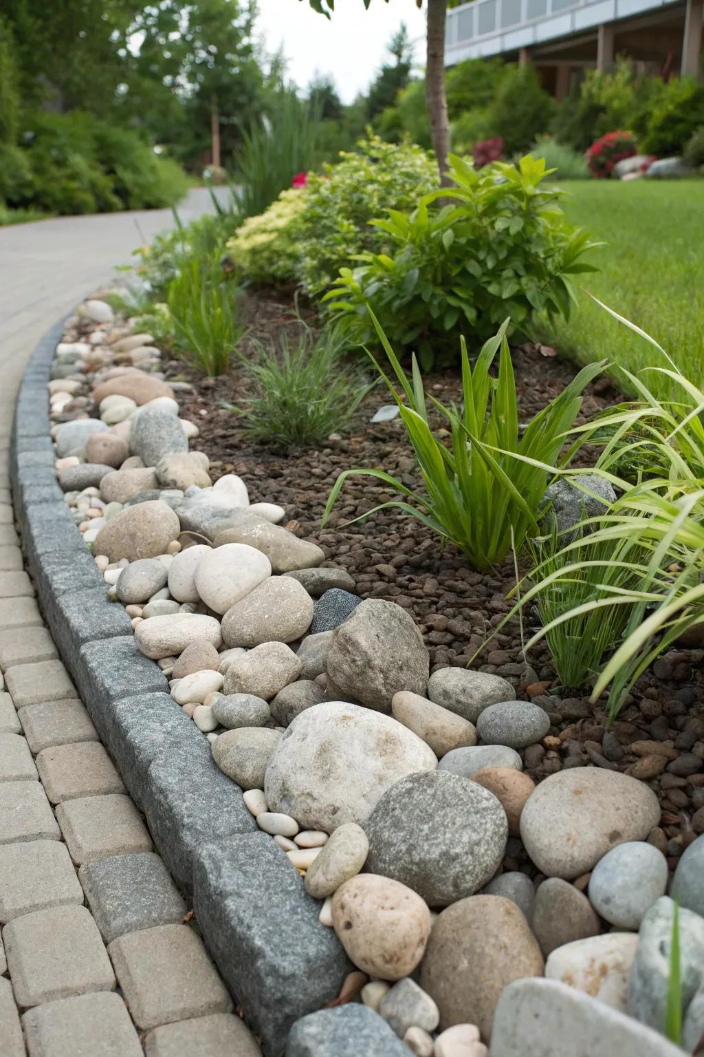 Smooth pebbles and river rocks as garden border