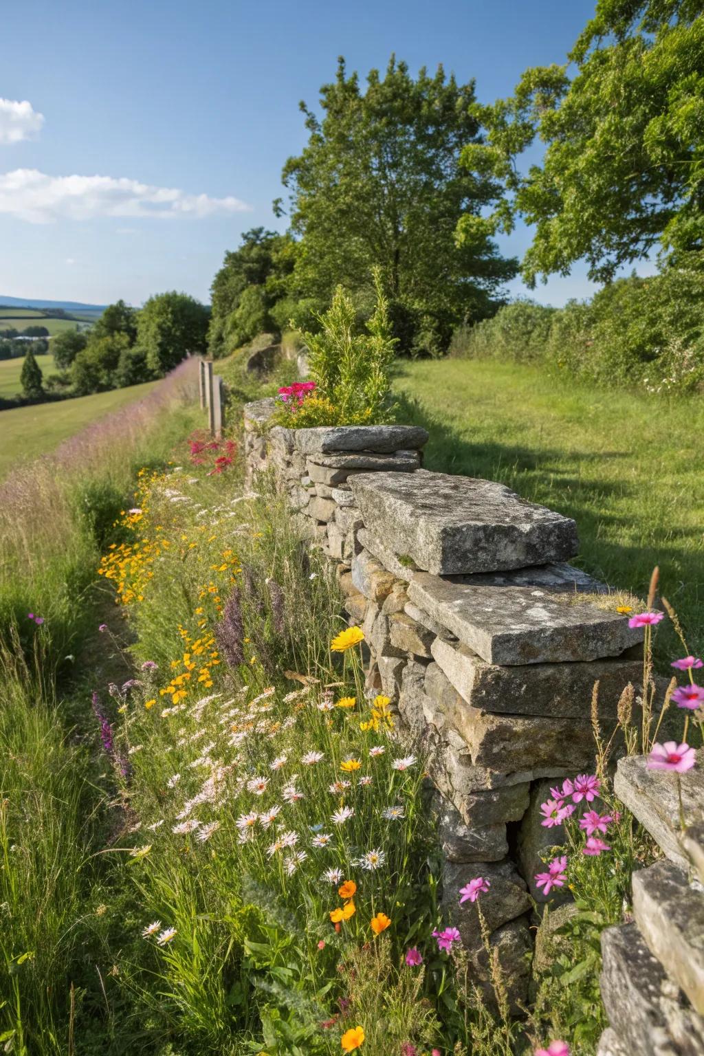 A rustic stacked stone wall that adds charm and character to any garden.