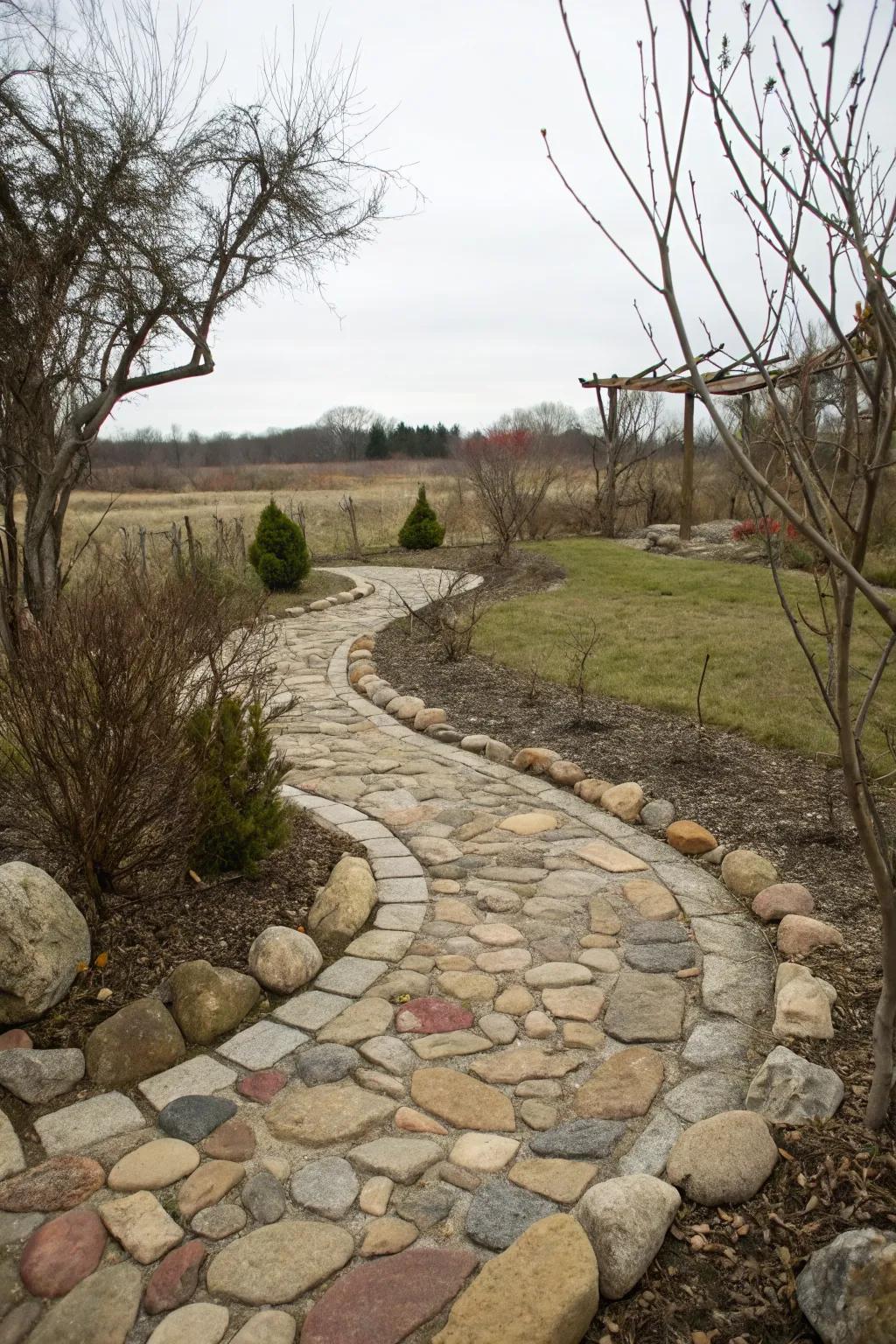An inviting stone pathway winds through a plant-free garden setting.