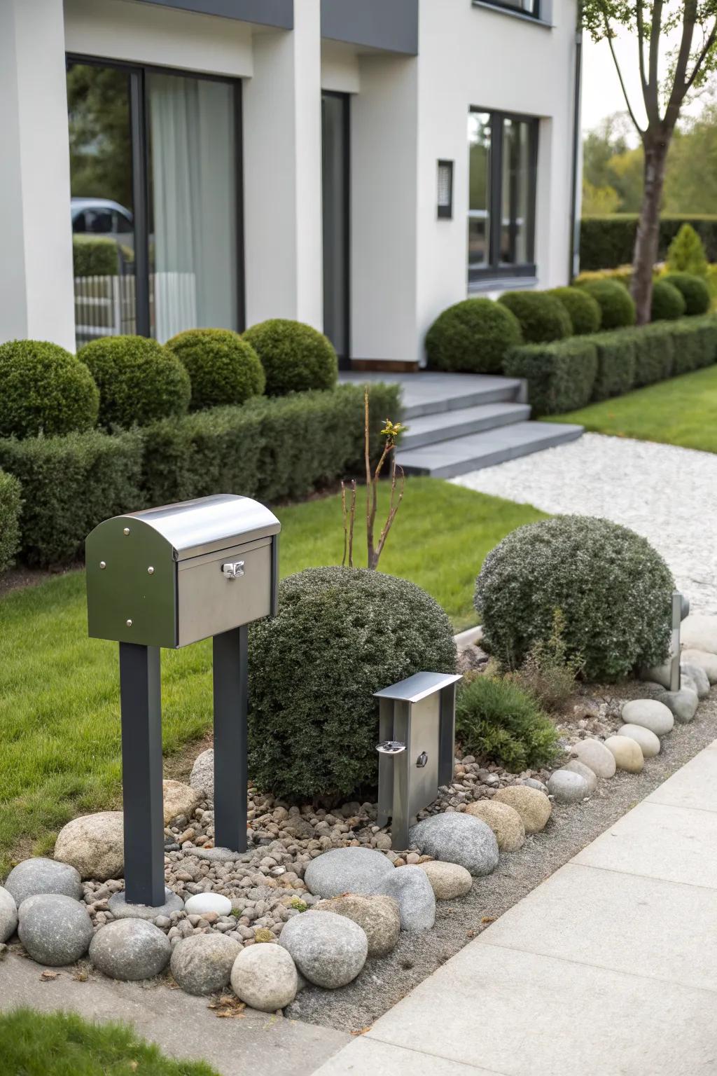 A modern stone and metal mailbox that perfectly complements a chic, minimalist home.
