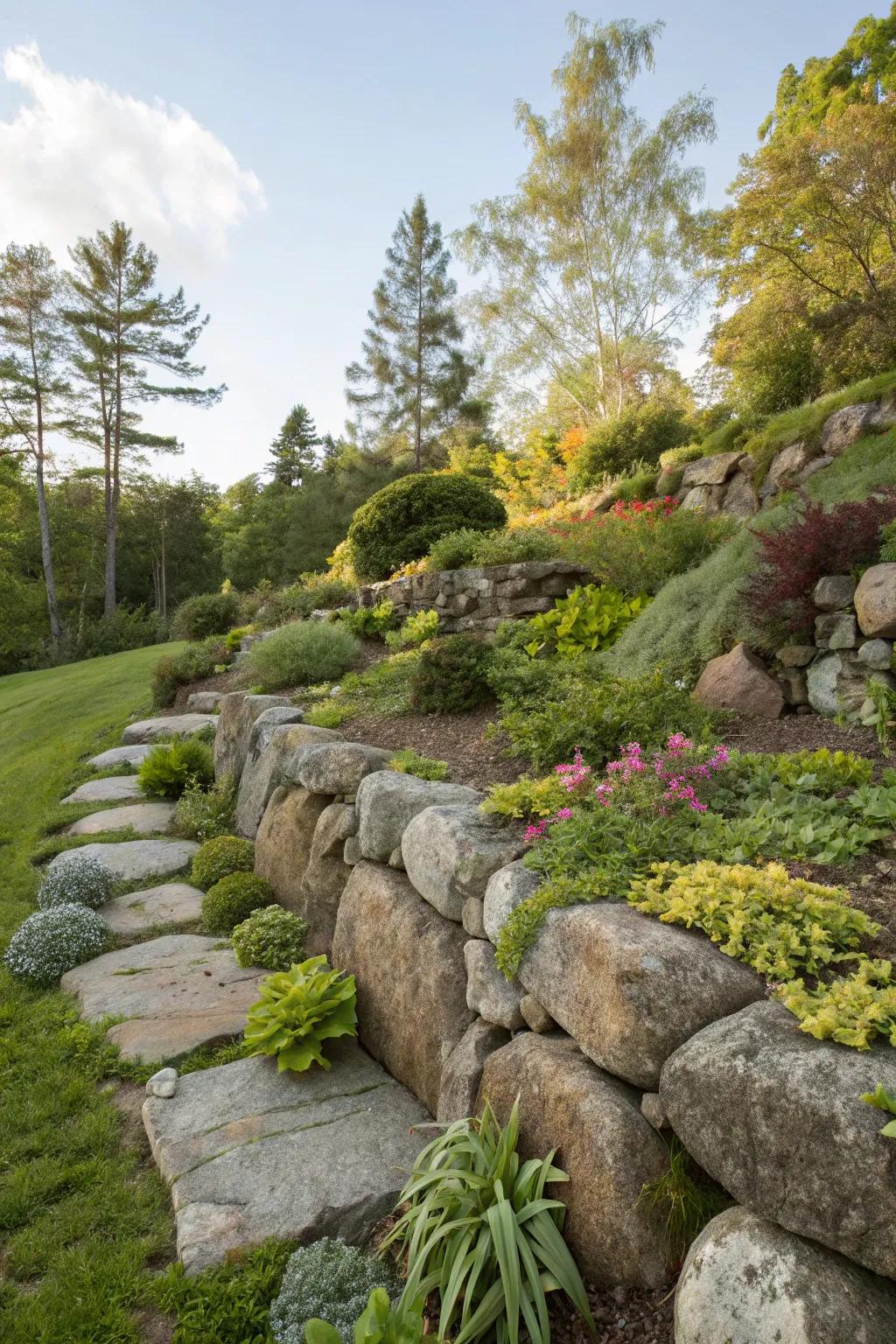 A mix of stone sizes adds texture and interest to rock wall gardens.