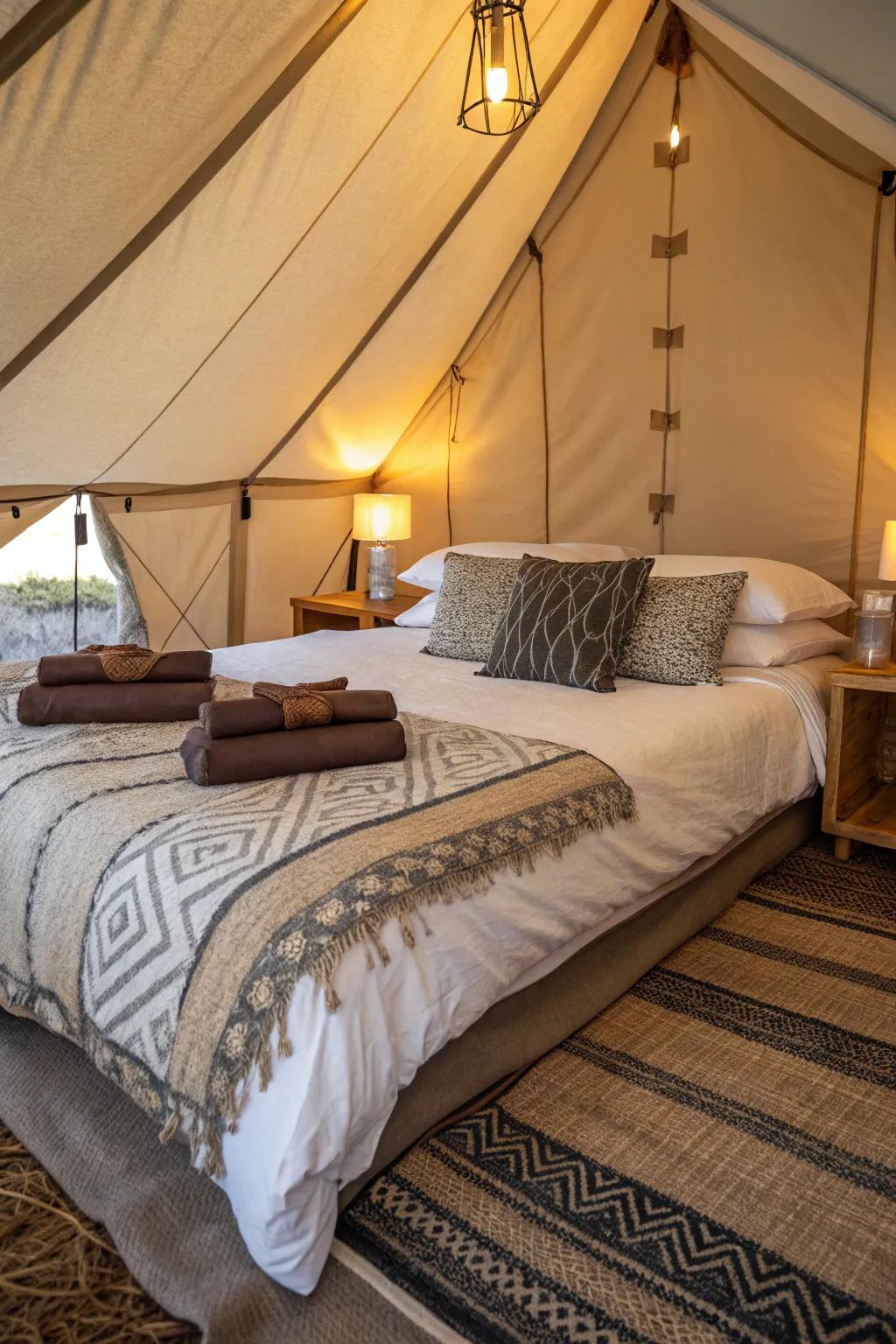 Inside a tent with plush bedding, perfect for a cozy night.