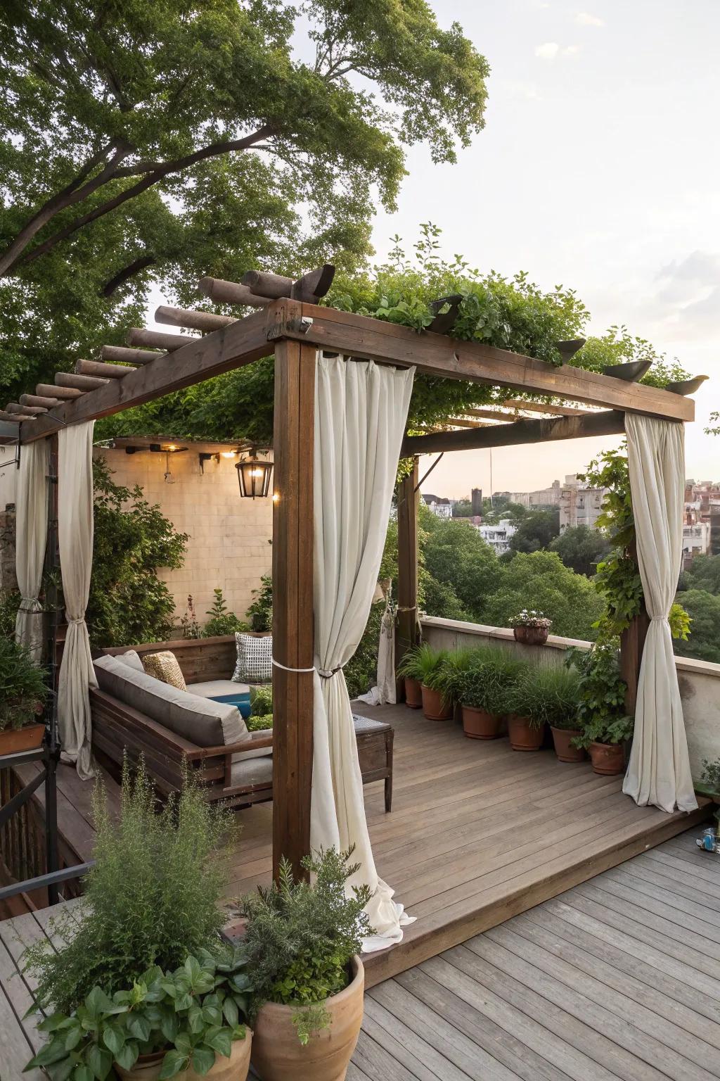 A pergola with drapes provides both shade and privacy.