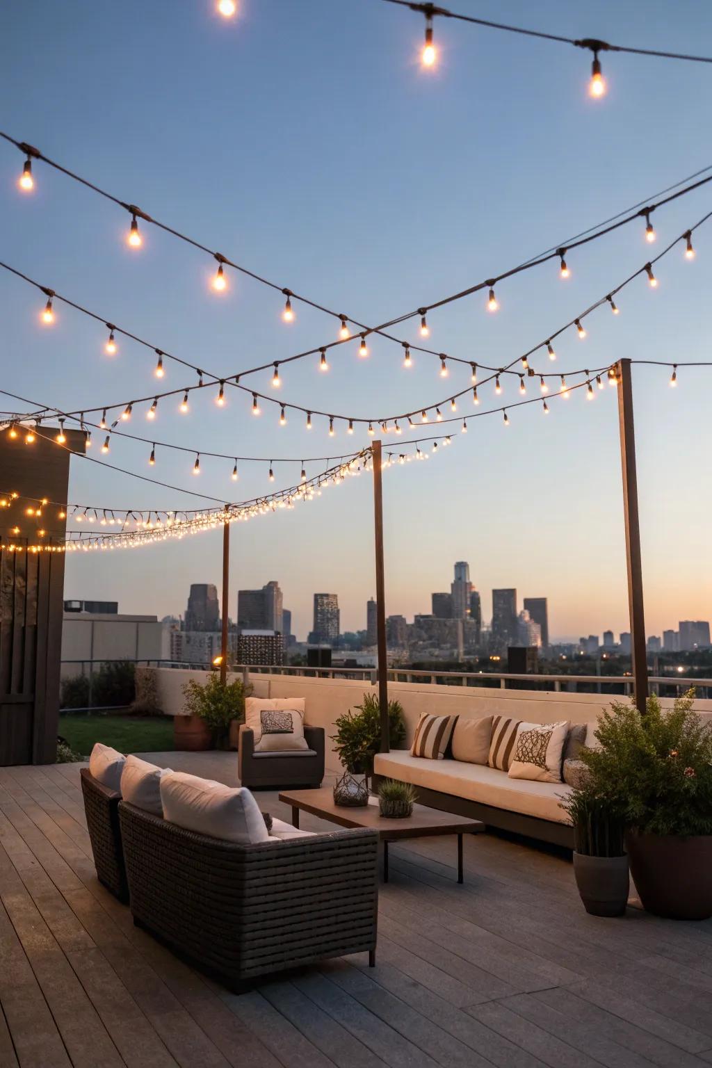 String lights add a magical glow to any rooftop setting.