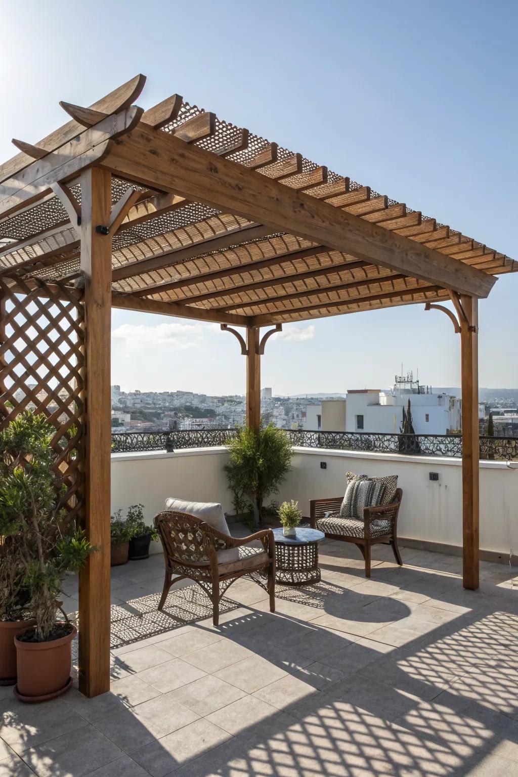 A wooden pergola offering shade and style on a sunny rooftop.