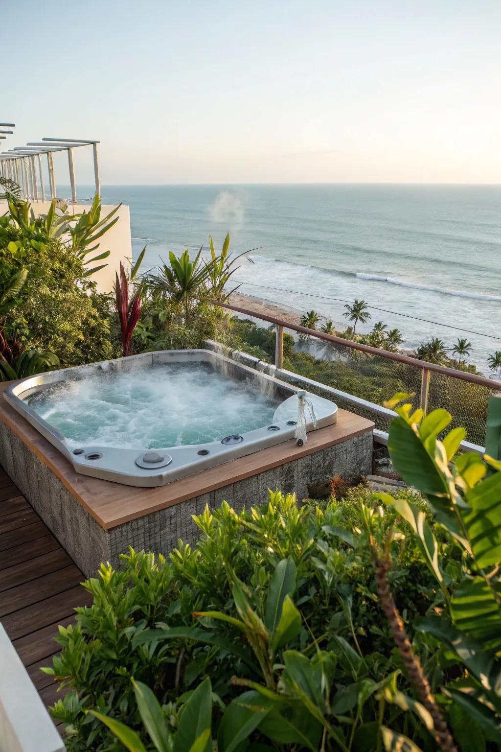 Enjoy the serene ocean view from the comfort of a rooftop jacuzzi.