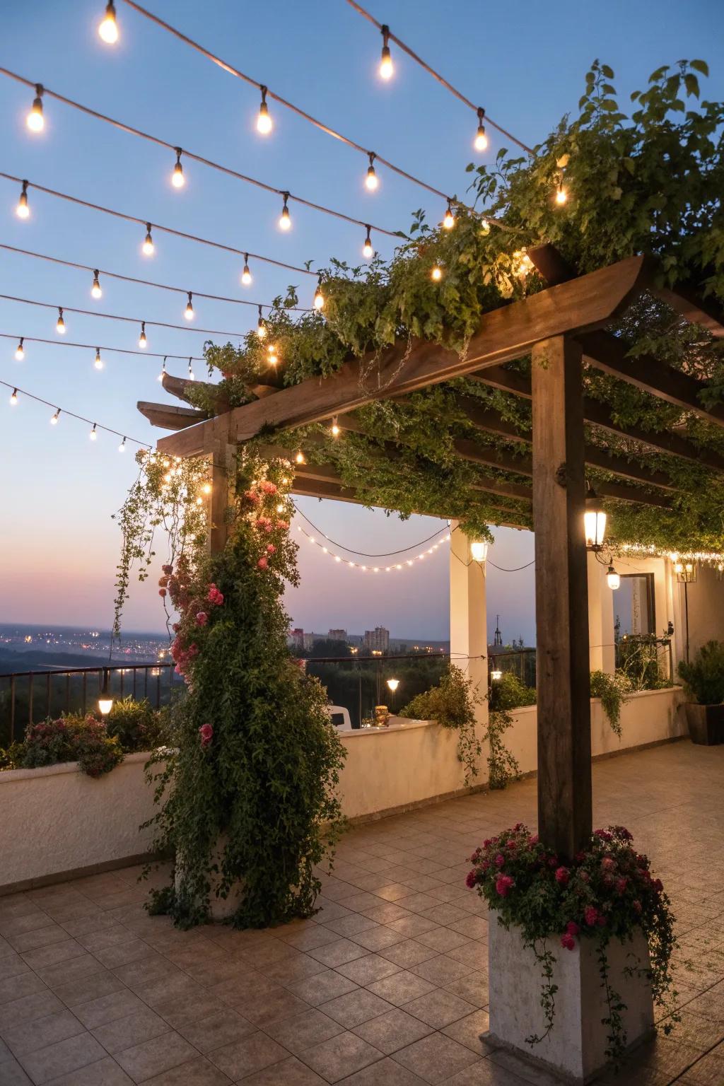 String lights add a magical touch to this rooftop pergola.