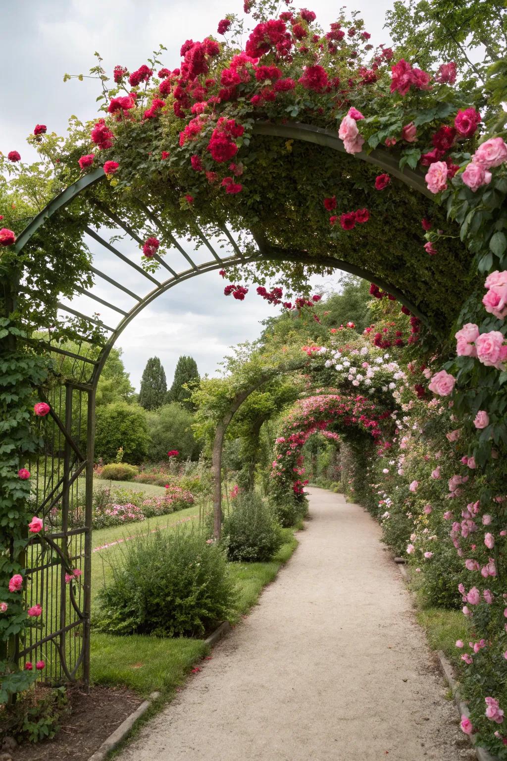 Climbing roses elegantly adorn a garden archway, creating a dreamy entrance.