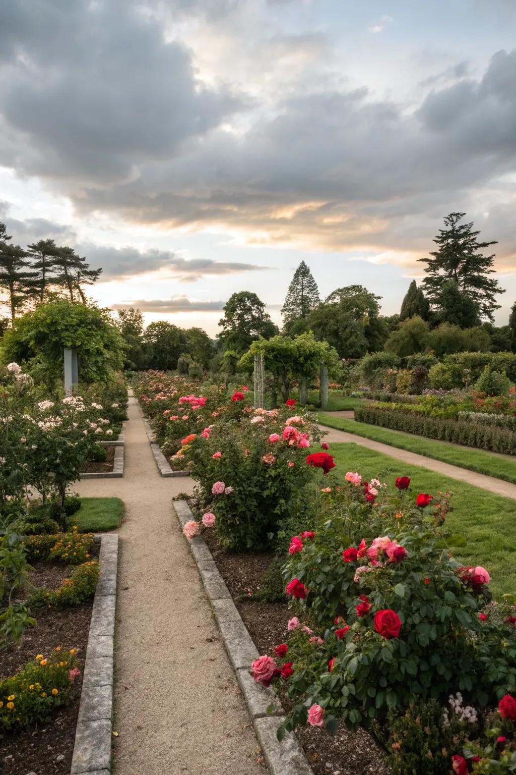 Mulched beds that accentuate the elegance of rose bushes.