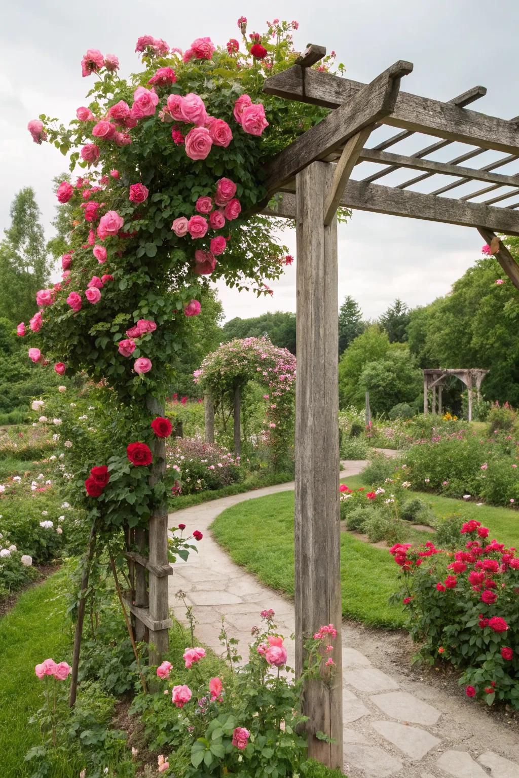 Roses climbing elegantly on a classic wooden trellis.