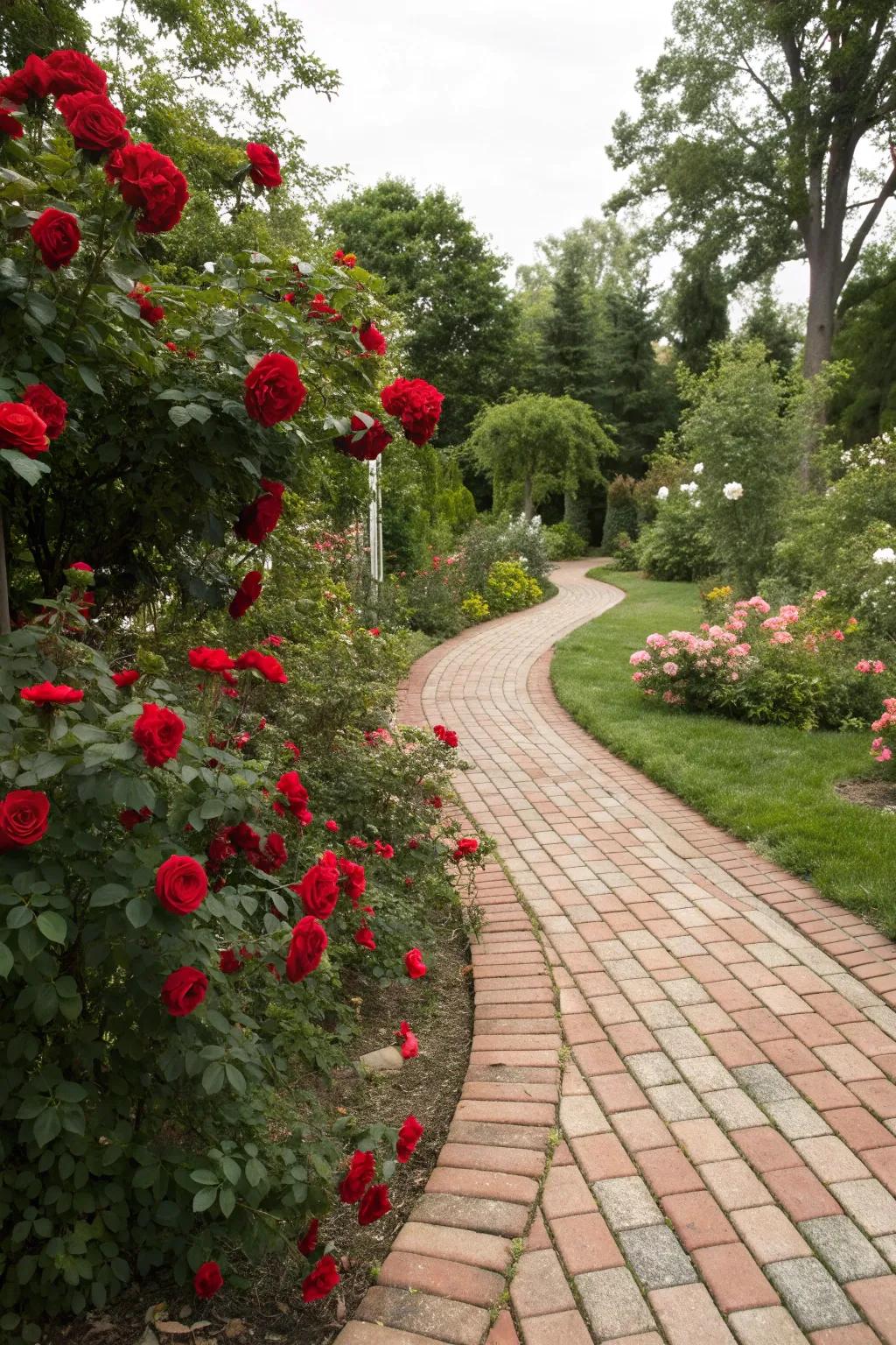 A charming brick pathway adorned with colorful roses.
