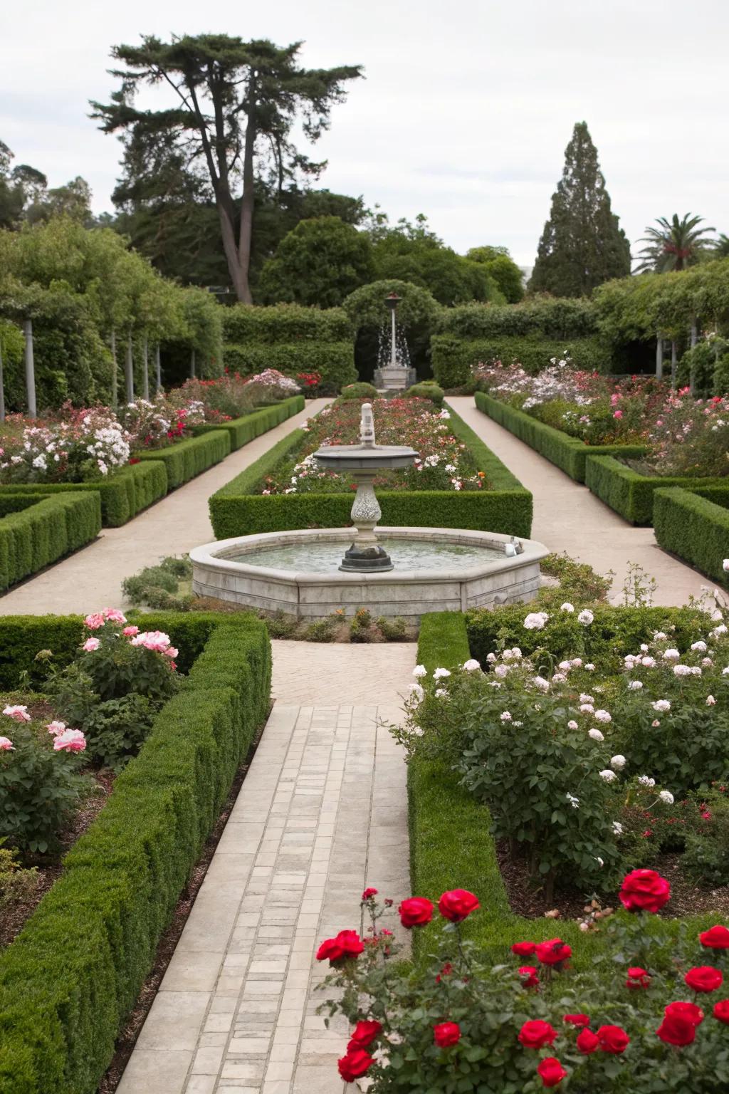 A formal rose garden exuding elegance with its symmetrical design.
