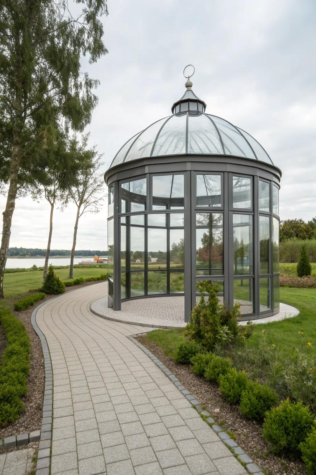 A minimalist round gazebo that exudes modern elegance.