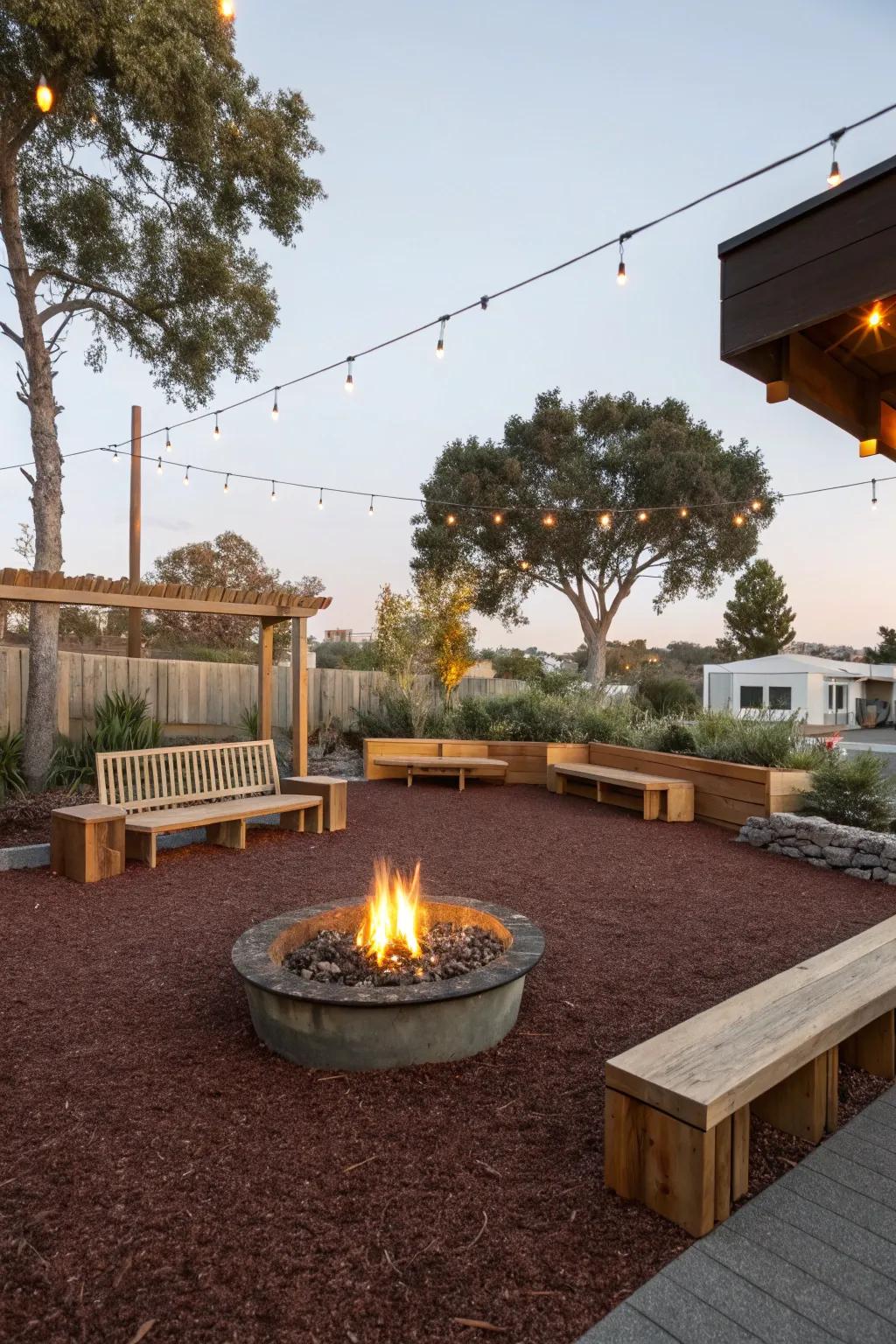 A cozy outdoor seating area with a fire pit, enhanced by rubber mulch.